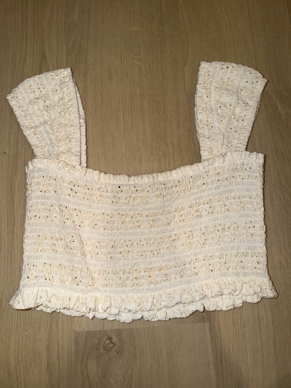Olivaceous Cream Eyelet Smock Ruffle Crop Top